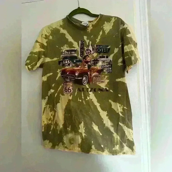 Y2K Men’s graphic Tee. Route 66. Corvette. Pin Up Girl. Bleach Tie Dye. Size: M. - Picture 1 of 7